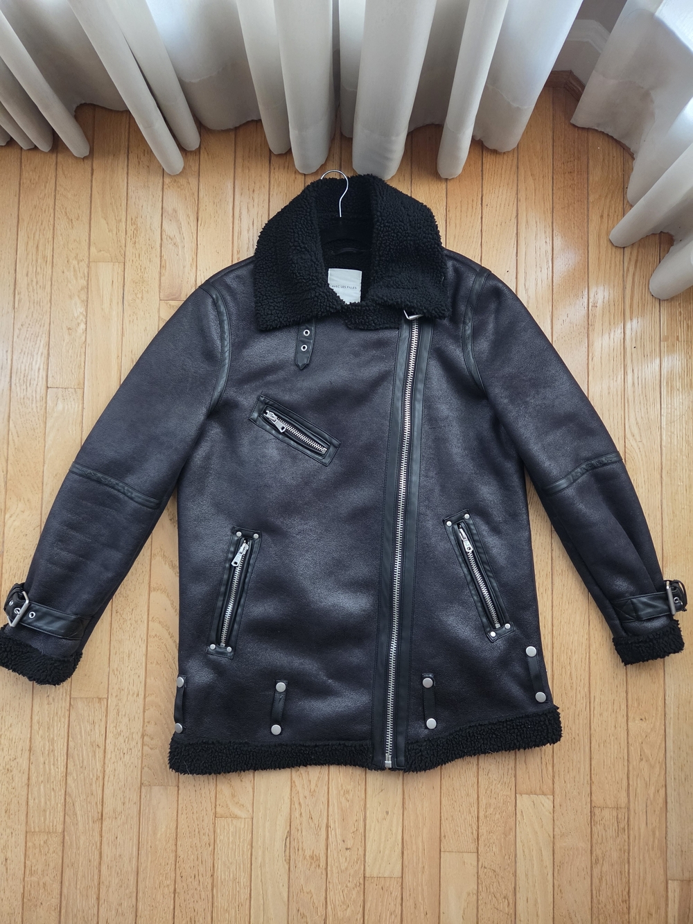 Avec Les Filles Oversized Faux Shearling Moto Jacket - Black - Large